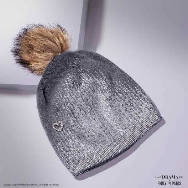HDC x Emily in Paris Metallic Grey Real Wool Beanie with Original Fur Pom-pom & Heart Charm