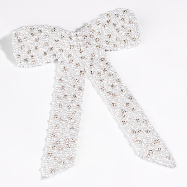 Embellished Pearl & Crystal Hair Bow Barrette Clip - White