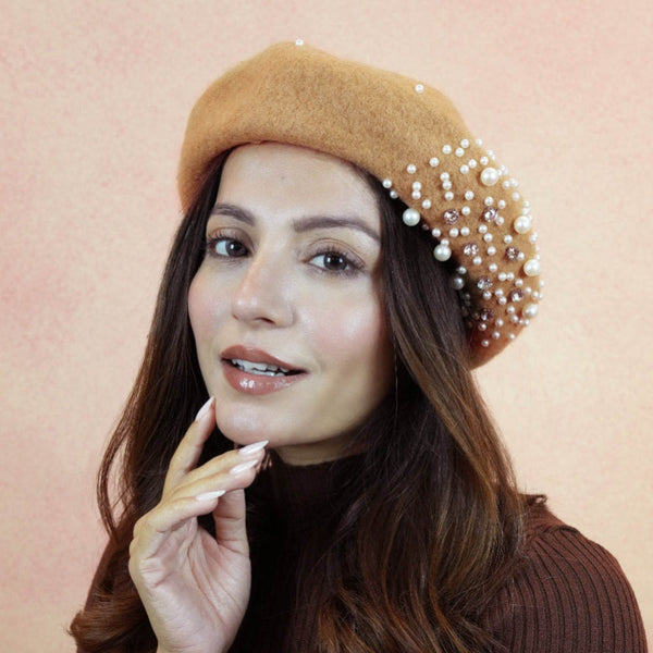 Beret with Pearls & Crystals - Tan