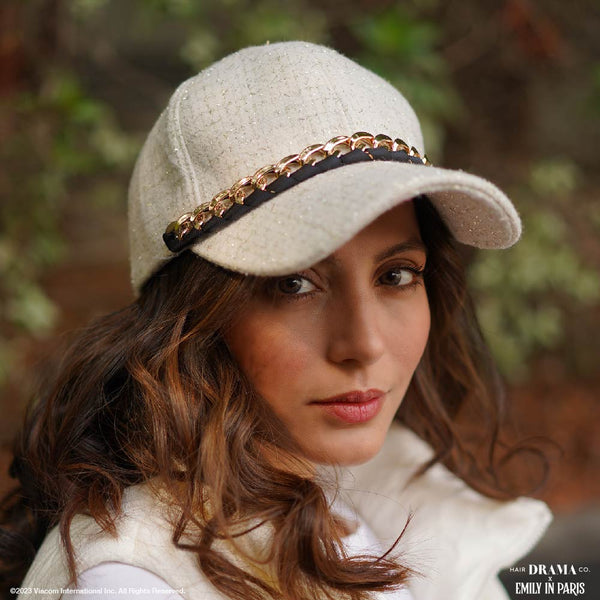HDC x Emily in Paris Off-White Tweed Baseball Cap with Gold Chain