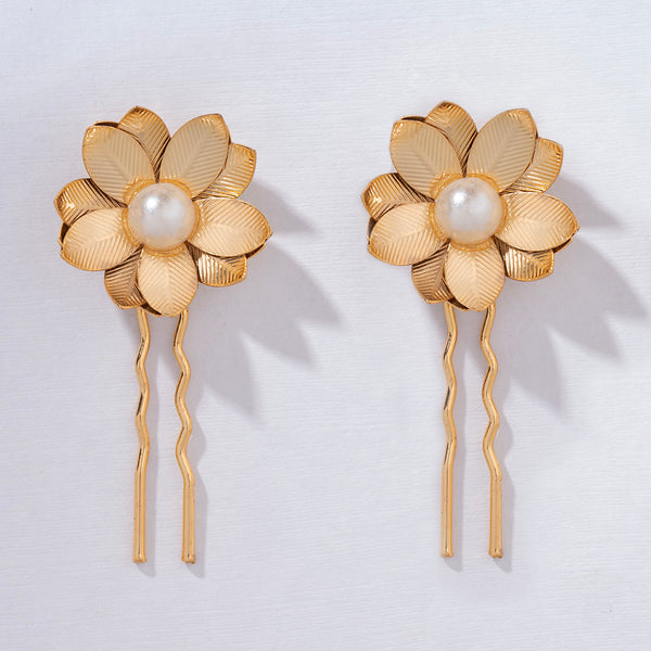 Set of 2 Floral Pearl U Pins - Gold