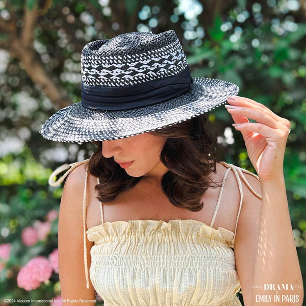 HDC x Emily In Paris Black & White Woven Straw Flat Brim Hat