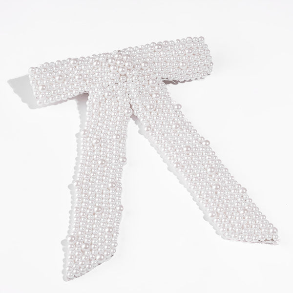 Embellished Pearl Hair Bow Barrette Clip - White