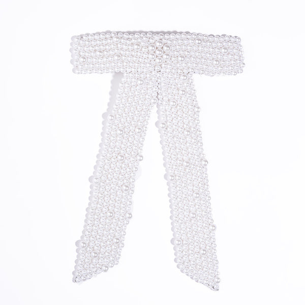 Embellished Pearl Hair Bow Barrette Clip - White
