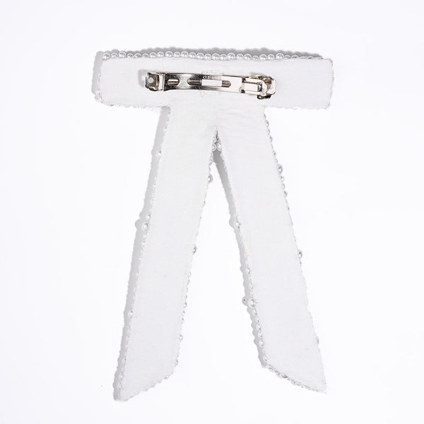 Embellished Pearl Hair Bow Barrette Clip - White