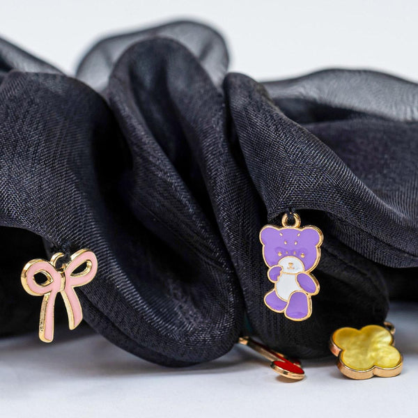 Oversized Organza Scrunchie with Charms - Black