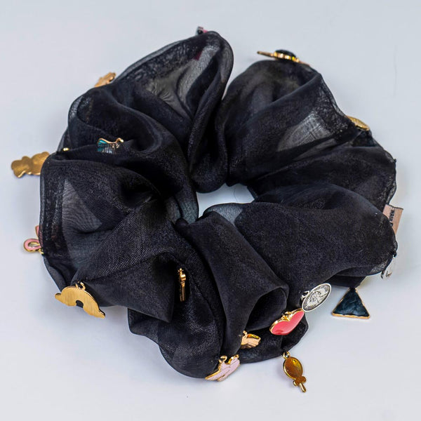 Oversized Organza Scrunchie with Charms - Black