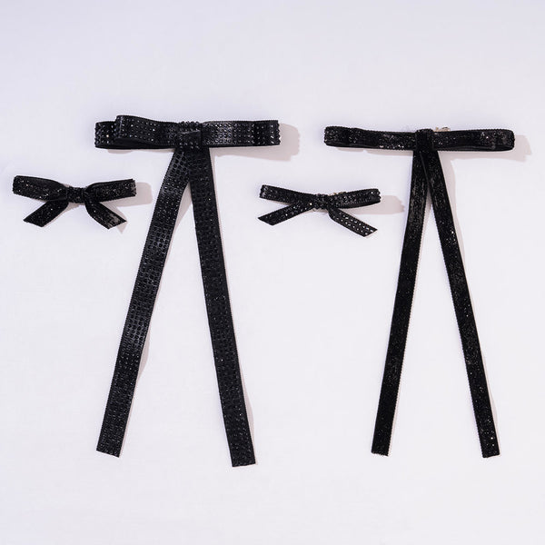 Black Satin Ribbon Crystal & Glitter Hair Bows - Set of 4