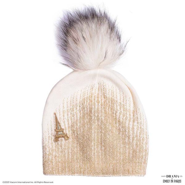 HDC x Emily in Paris Metallic White Real Wool Beanie with Original Fur Pom-pom & Eiffel Tower Applique
