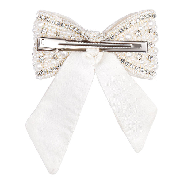 Embellished Crystal & Pearl Hair Bow Barrette Clip - Silver