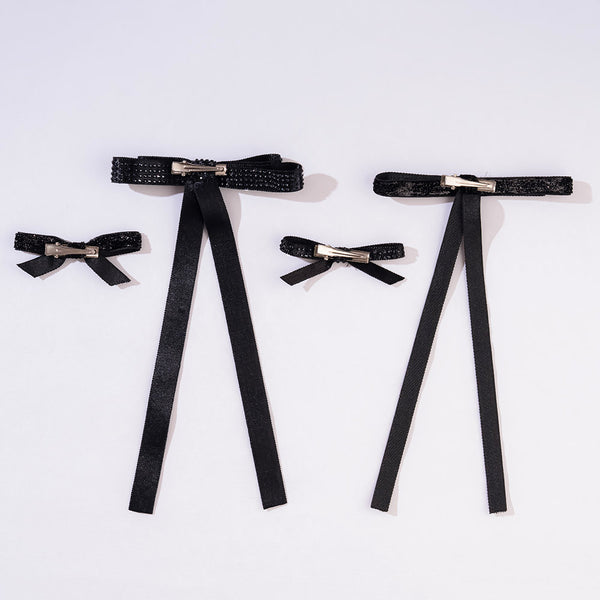 Black Satin Ribbon Crystal & Glitter Hair Bows - Set of 4