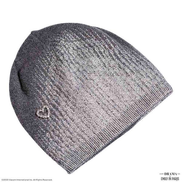 HDC x Emily in Paris Metallic Grey Real Wool Beanie with Original Fur Pom-pom & Heart Charm