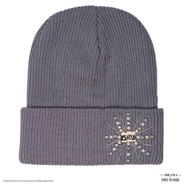 HDC X Emily In Paris Grey Beanie with Pearls, Crystals & Camera Charm