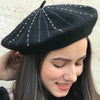 BLACK FRENCH BERET WITH SILVER SWAROVSKI STONES