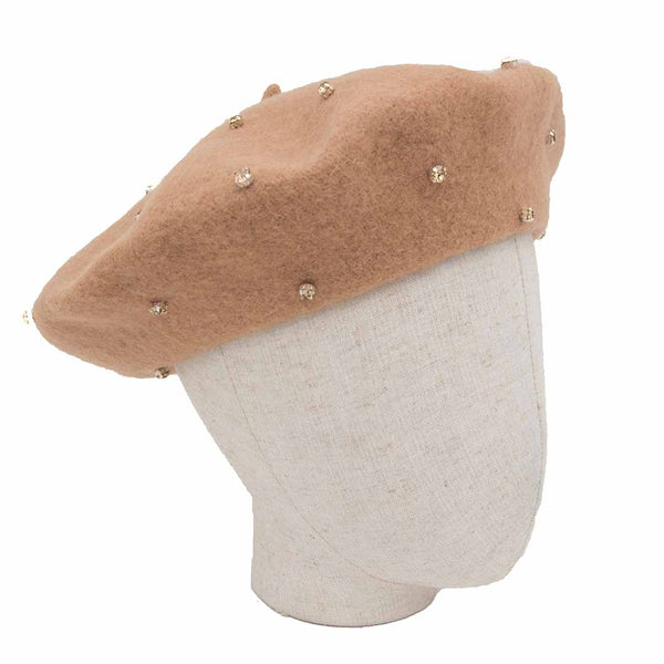 Hair Drama Company Tan French Beret With Tone On Tone Crystals Embellishment