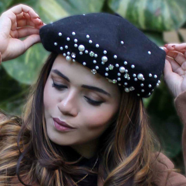 Black Beret with Pearls & Crystals
