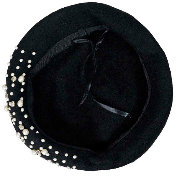 Black Beret with Pearls & Crystals