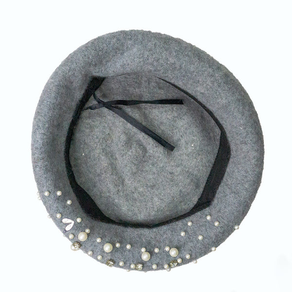 Grey Beret with Pearls & Crystals