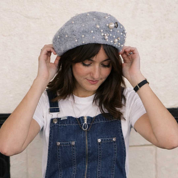 Grey Beret with Pearls & Crystals