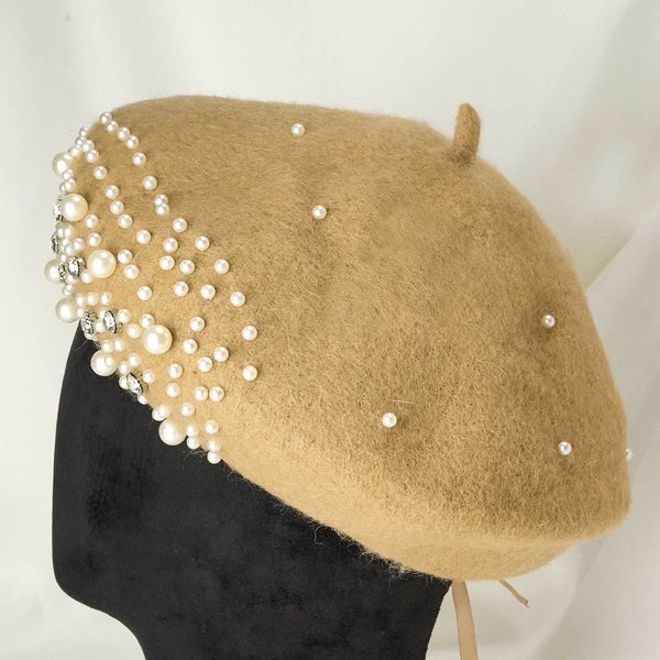 Beret with Pearls & Crystals - Tan