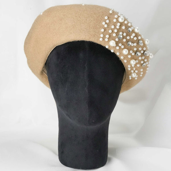 Beret with Pearls & Crystals - Tan