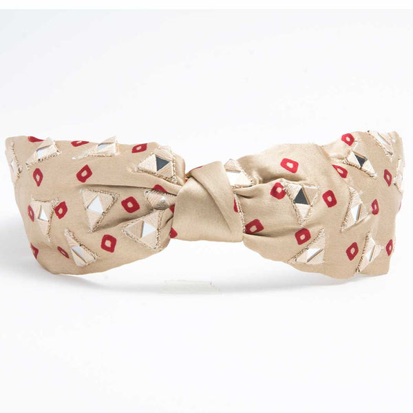 Bandhini with Mirror Work Knotted Headband-Beige