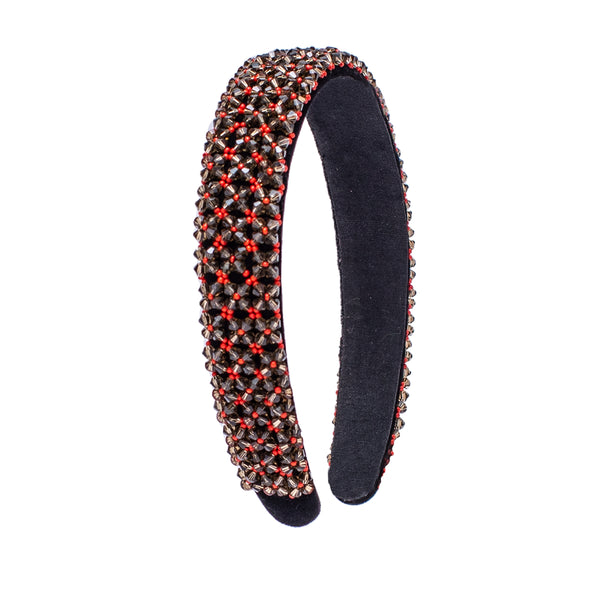 Broad Bead Embroidered Headband-Red