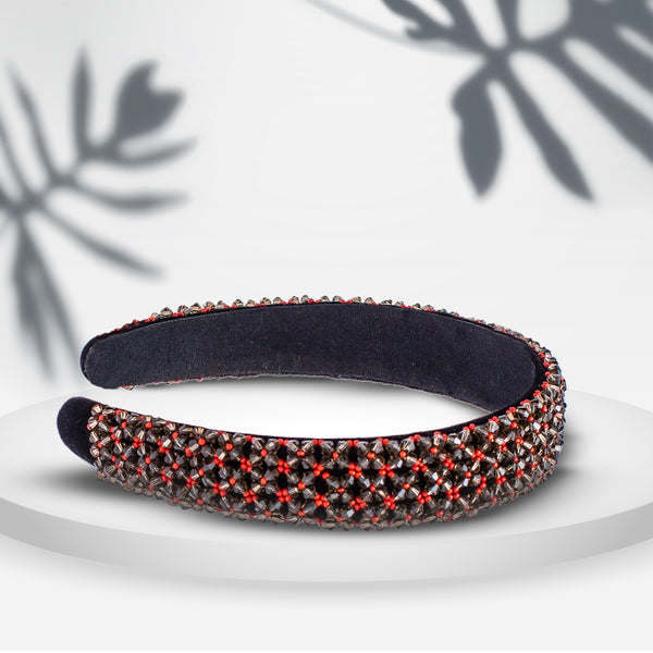 Sleek BeadEmbroideredHeadband- Red