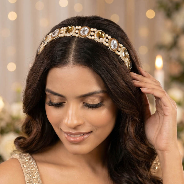 Gold Plated Hair Band for Women with Pearls and Crystals - Champagne