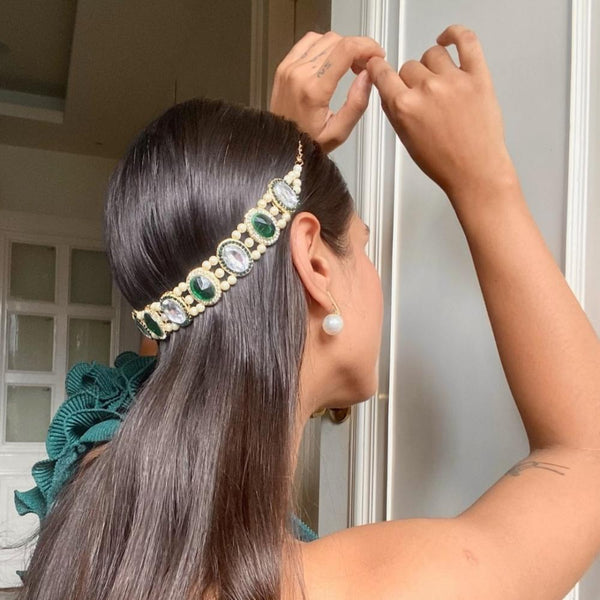 Gold Plated Hair Band for Women with Pearls and Crystals - Green