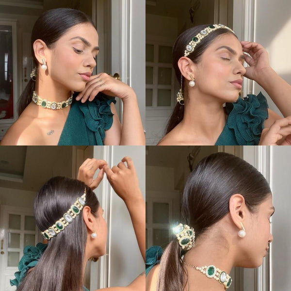 Gold Plated Hair Band for Women with Pearls and Crystals - Green