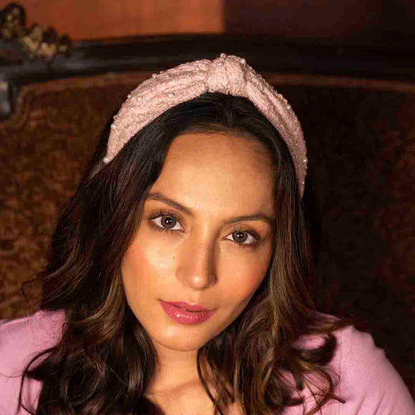 Light Pink Tweed Knotted Hair Band With Pearls