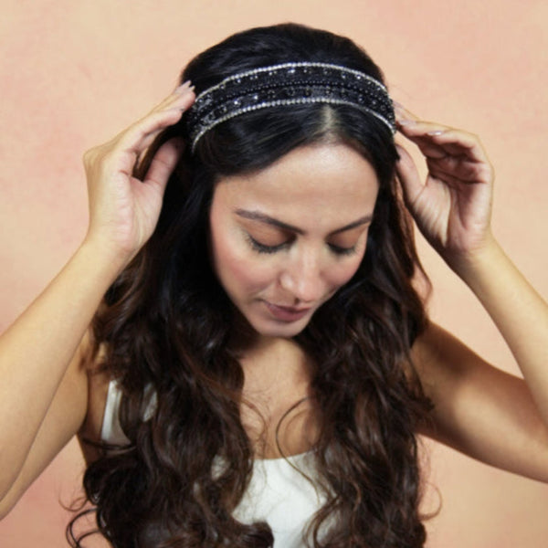 HDC x Emily in Paris Crystal & Pearl Mesh Hair Band - Black