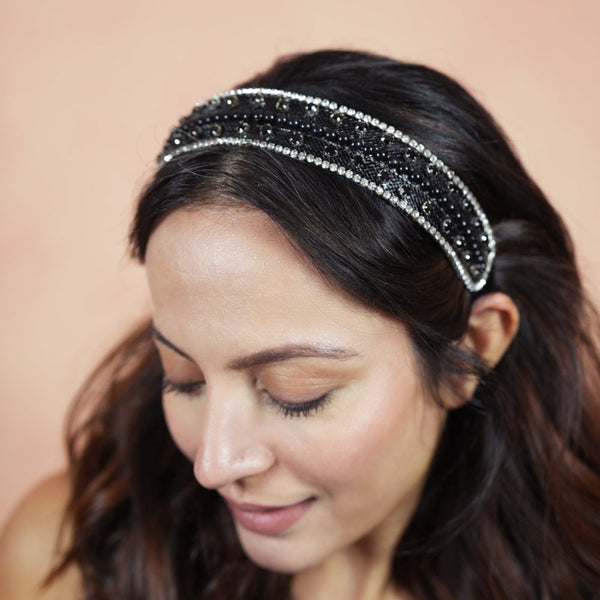 HDC x Emily in Paris Crystal & Pearl Mesh Hair Band - Black