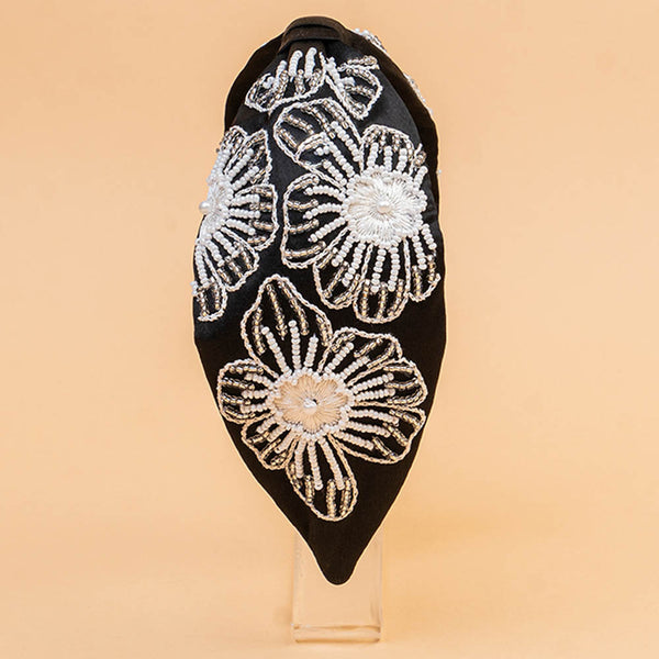 Flora Embellished Knotted Hair Band - Black