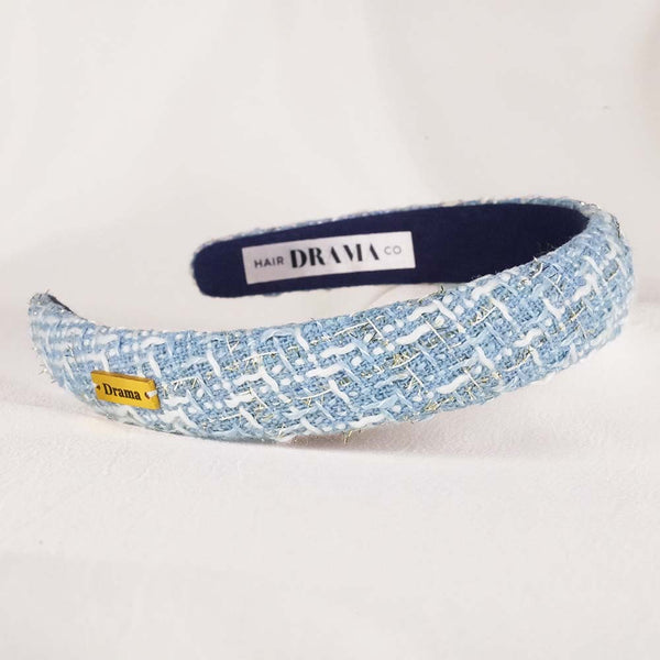 Tweed Puff Hair Band - Blue & White