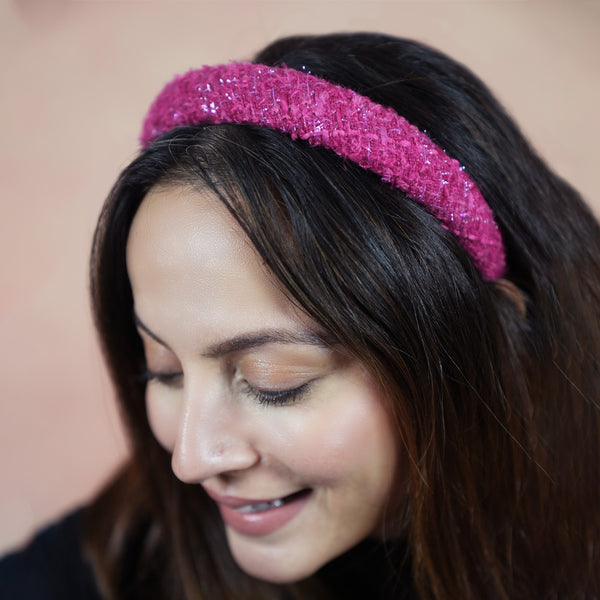 Tweed Puff Hair Band - Hot Pink