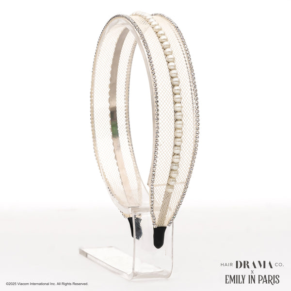 HDC x Emily in Paris Crystal & Pearl Mesh Hair Band - Pastel Yellow