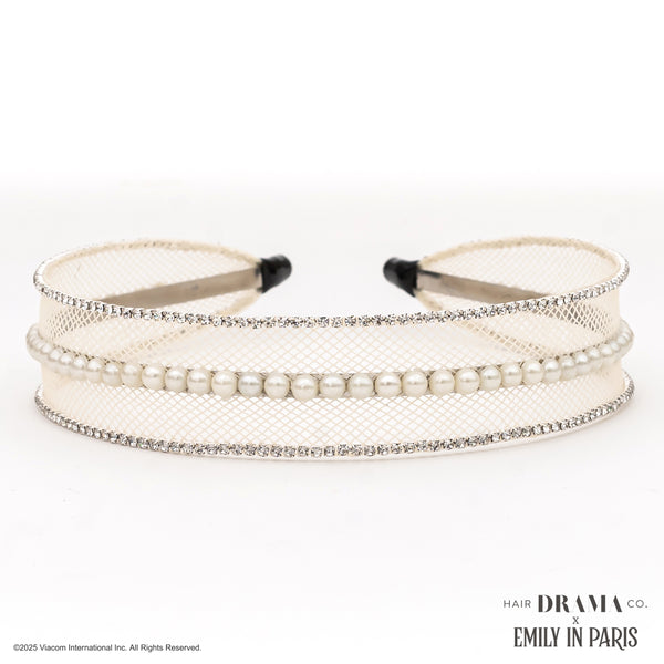 HDC x Emily in Paris Crystal & Pearl Mesh Hair Band - Pastel Yellow