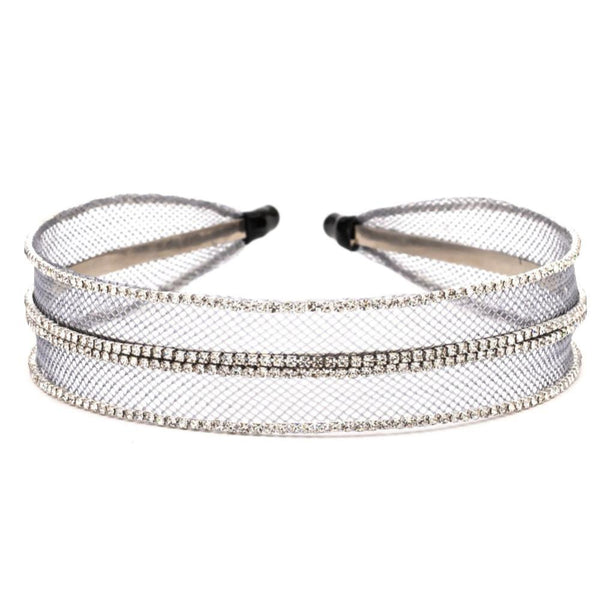 Mesh Hair Band with Crystals - Grey