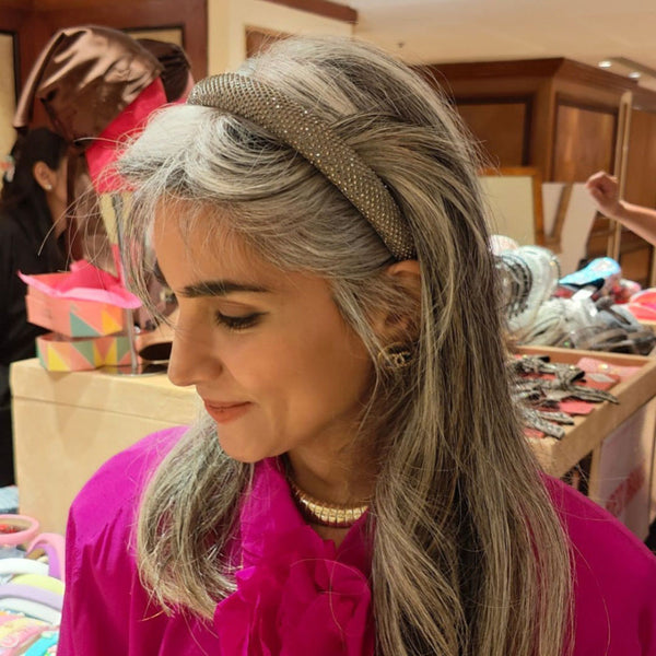 Silk Satin Puff Hair Band with Rhinestones - Grey