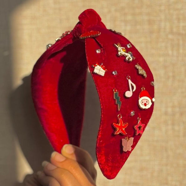 Christmas Velvet Charm Knotted Headband - Red