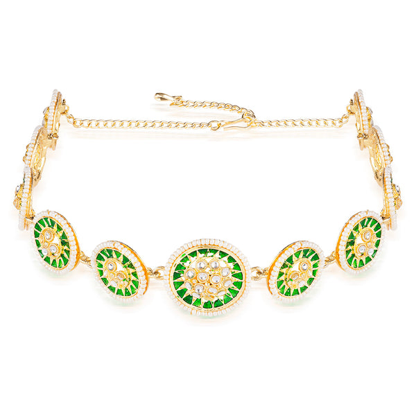Gold Plated Hair Band with Pearls and Enamel - Green