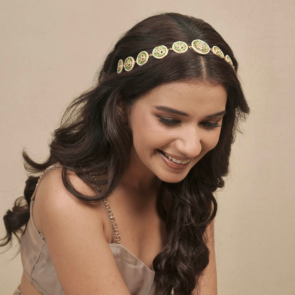Gold Plated Hair Band with Pearls and Enamel - Green