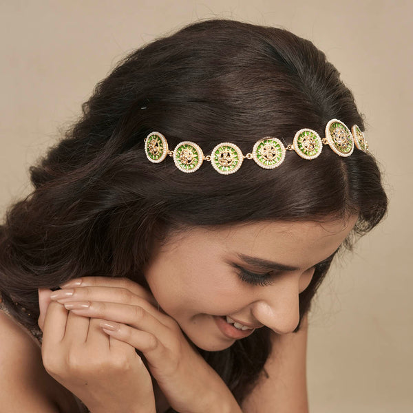 Gold Plated Hair Band with Pearls and Enamel - Green