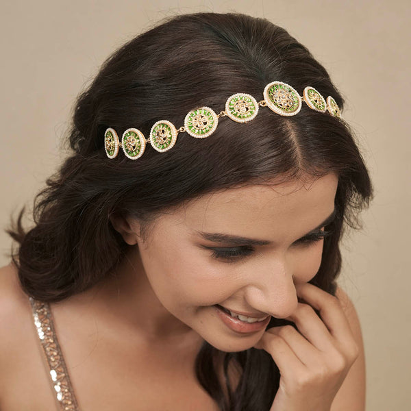 Gold Plated Hair Band with Pearls and Enamel - Green