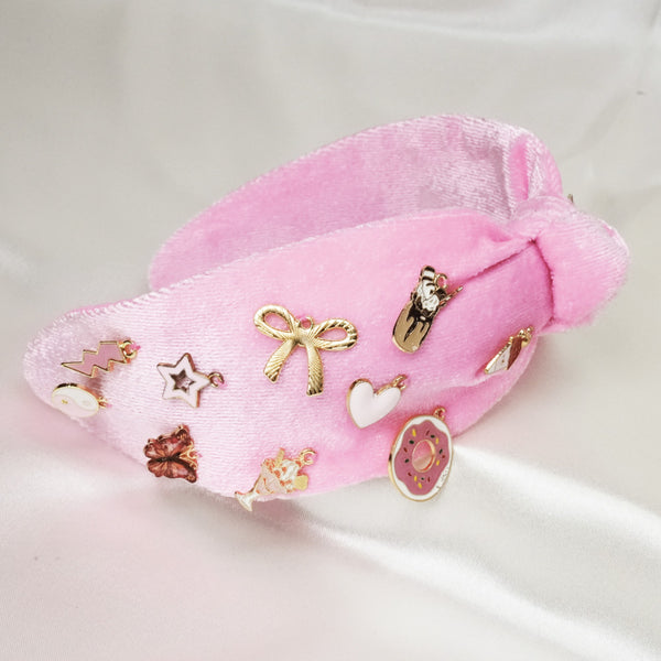 Velvet Charm Knotted Headband - Pink