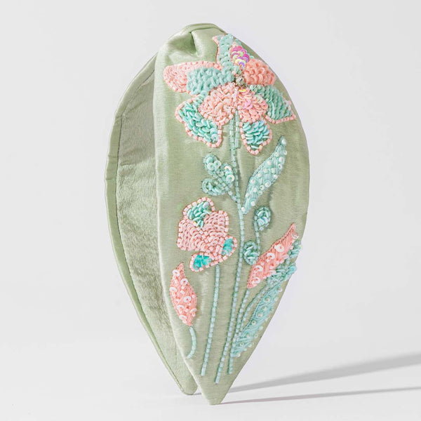 Flora Embellished Knotted Hair Band - Sage