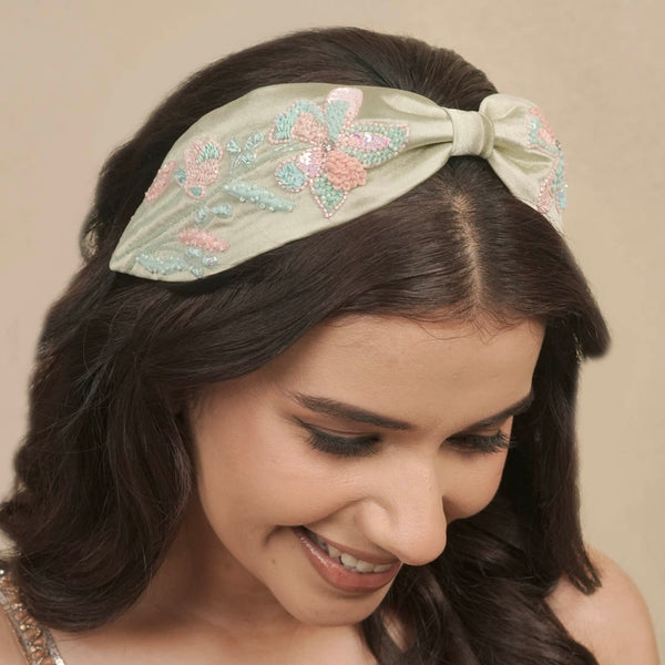Flora Embellished Knotted Hair Band - Sage