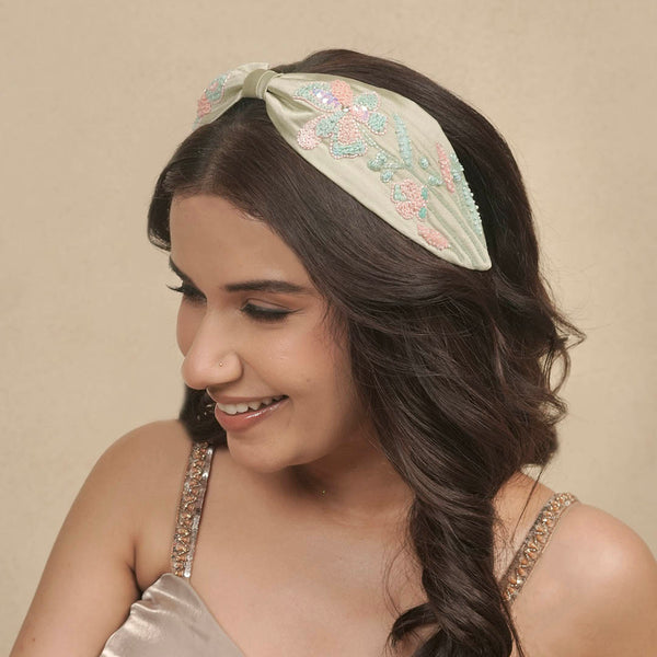 Flora Embellished Knotted Hair Band - Sage